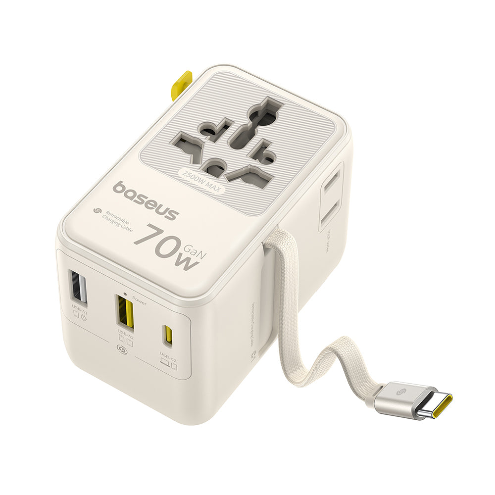 Punjač za mrežu s USB-C kabelom Baseus Travel EnerCore CG11, 70W, 2 x utičnica - 1 x USB-C - 2 x USB-A, bijeli E0307E01
