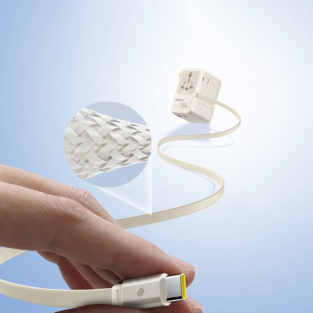 Punjač za mrežu s USB-C kabelom Baseus Travel EnerCore CG11, 70W, 2 x utičnica - 1 x USB-C - 2 x USB-A, bijeli E0307E01
