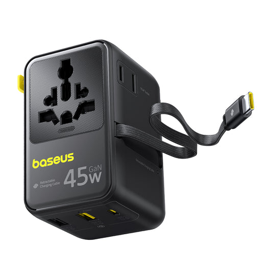 Mrežni punjač s USB-C kabelom Baseus Travel PicoGo AG11, 45W, 2 x utičnica - 1 x USB-C - 2 x USB-A, Crni E0307F00