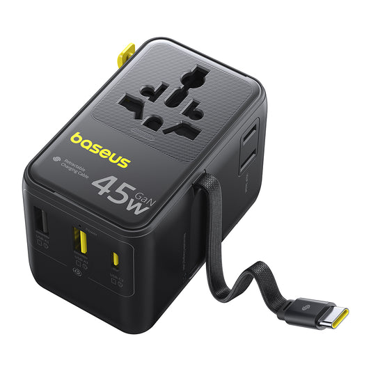 Mrežni punjač s USB-C kabelom Baseus Travel PicoGo AG11, 45W, 2 x utičnica - 1 x USB-C - 2 x USB-A, Crni E0307F00