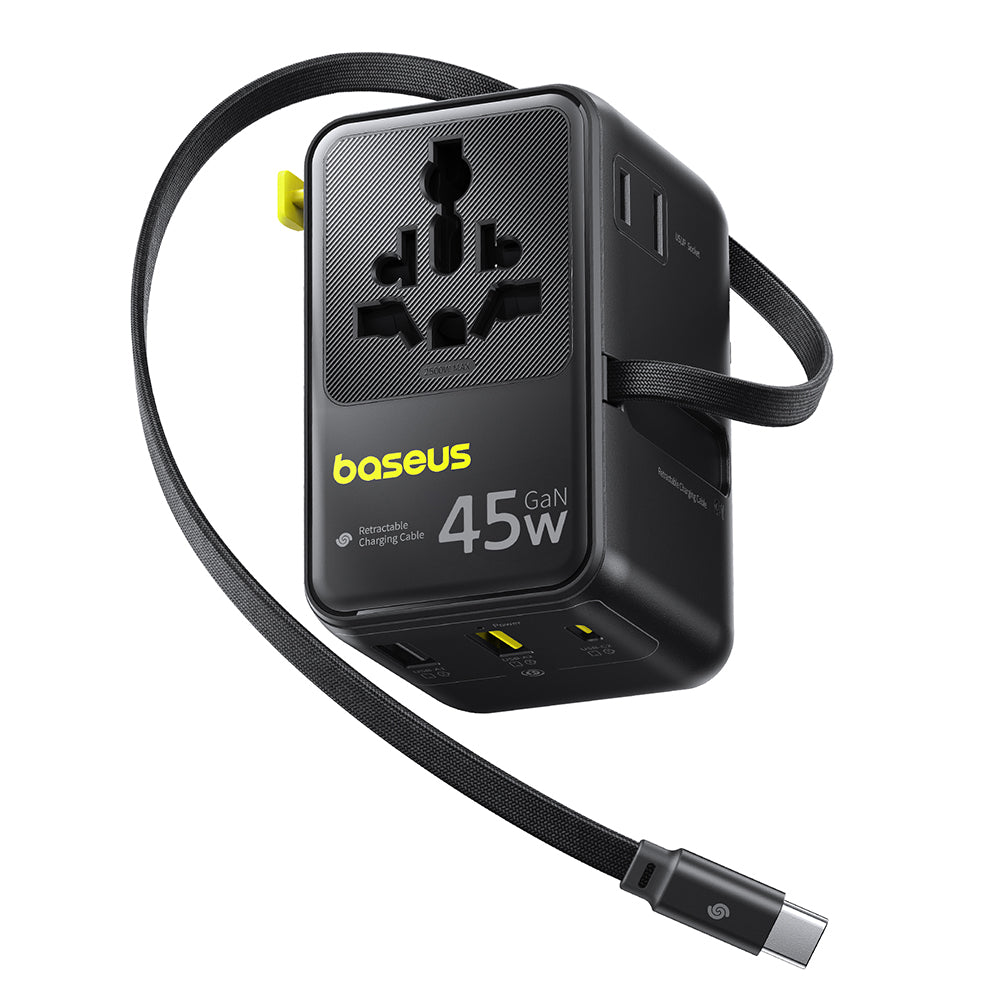 Mrežni punjač s USB-C kabelom Baseus Travel PicoGo AG11, 45W, 2 x utičnica - 1 x USB-C - 2 x USB-A, Crni E0307F00