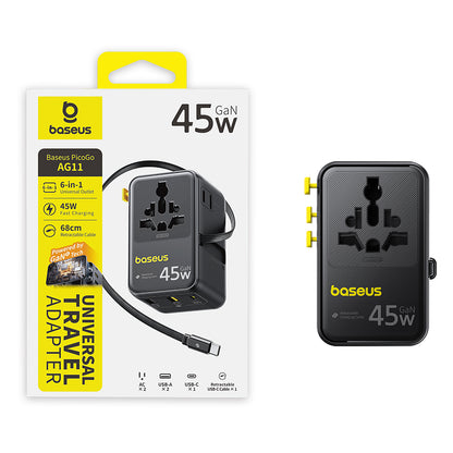 Mrežni punjač s USB-C kabelom Baseus Travel PicoGo AG11, 45W, 2 x utičnica - 1 x USB-C - 2 x USB-A, Crni E0307F00