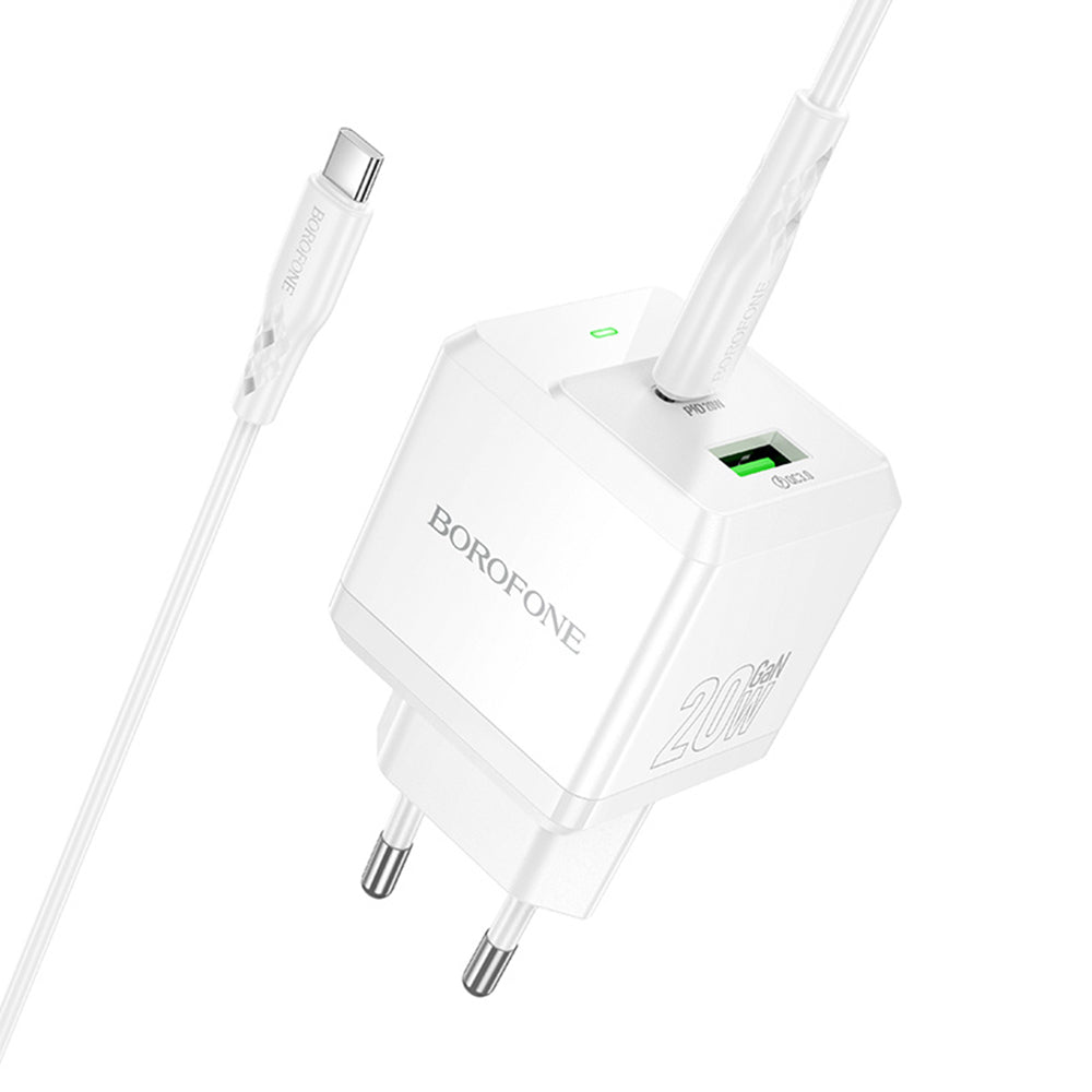 Punjač mreže s USB-C kabelom Borofone BN19 Intenso, 20W, 3A, 1 x USB-A - 1 x USB-C, Bijeli