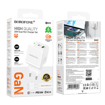 Punjač mreže s USB-C kabelom Borofone BN19 Intenso, 20W, 3A, 1 x USB-A - 1 x USB-C, Bijeli
