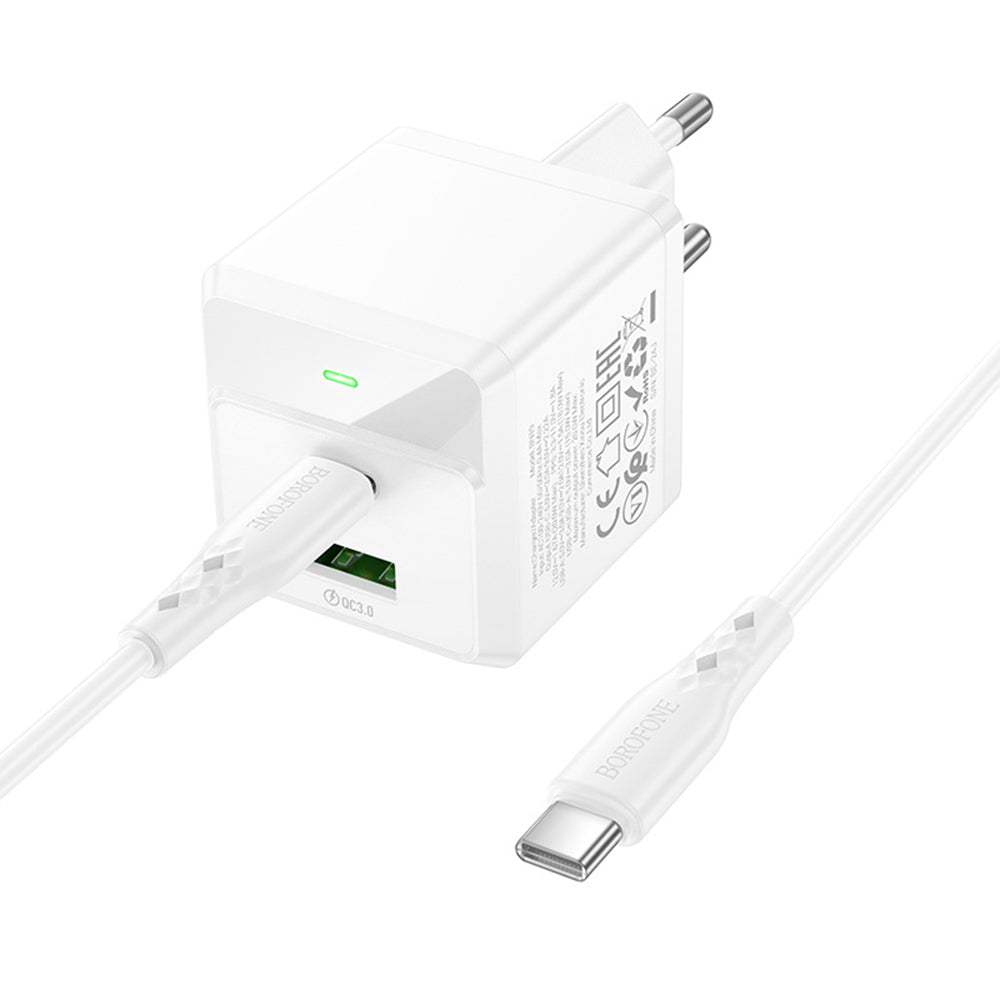 Punjač mreže s USB-C kabelom Borofone BN19 Intenso, 20W, 3A, 1 x USB-A - 1 x USB-C, Bijeli