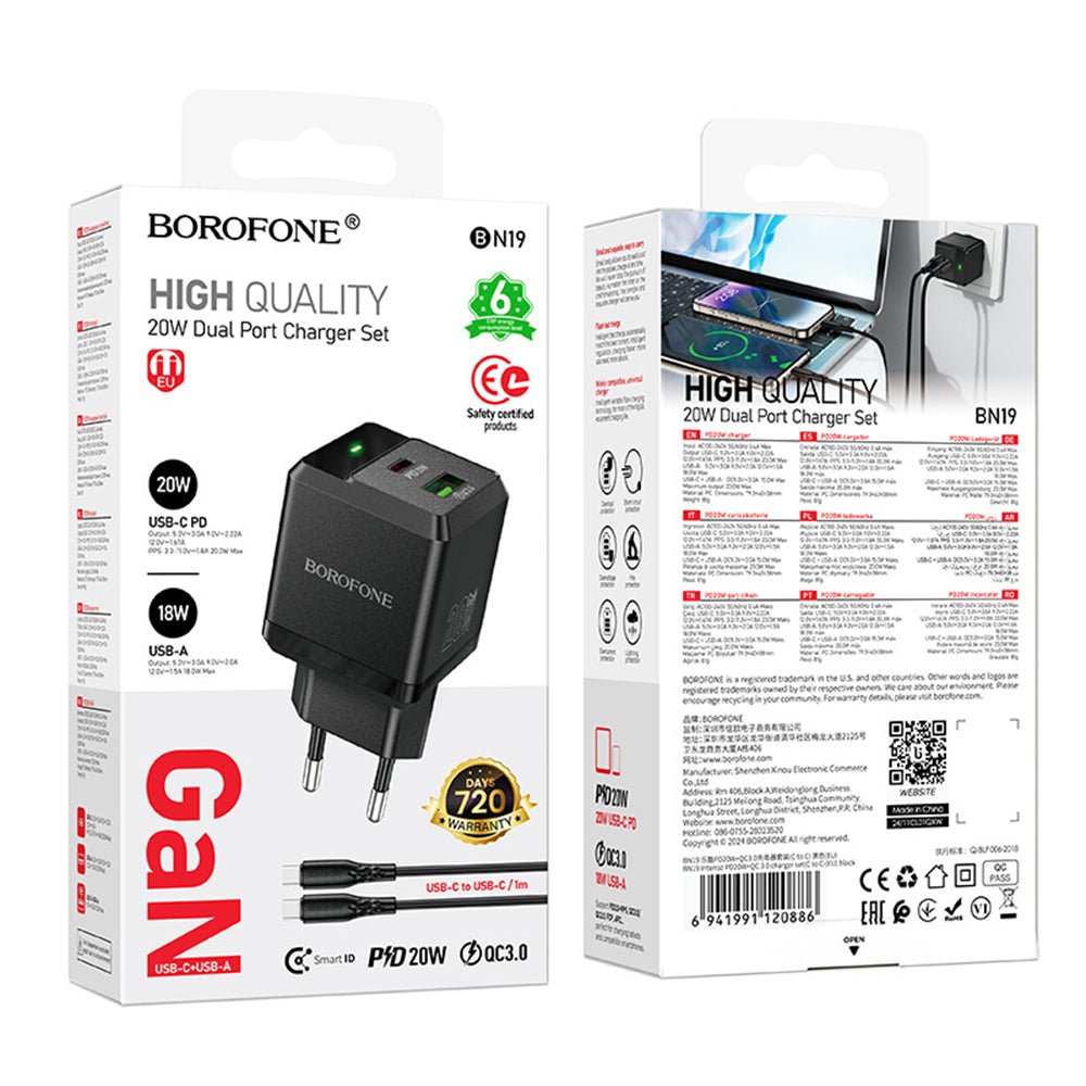 Mrežni punjač s USB-C kabelom Borofone BN19 Intenso, 20W, 3A, 1 x USB-A - 1 x USB-C, Crni