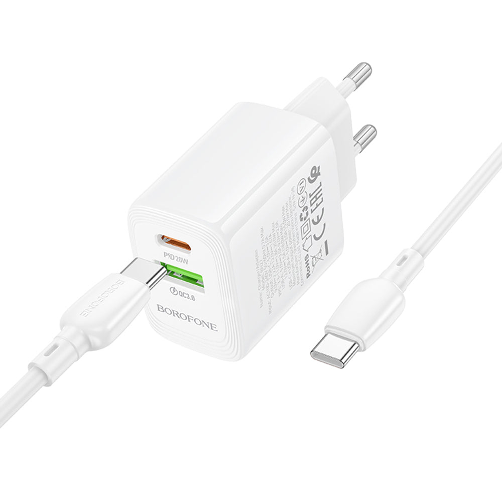 Mrežni punjač s USB-C kabelom Borofone BN27 Fuente, 20W, 3A, 1 x USB-A - 1 x USB-C, Bijeli