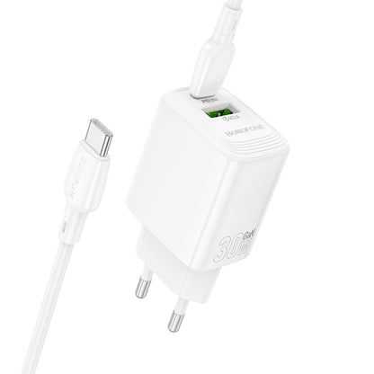 Punjač za mrežu s USB-C kabelom Borofone BN29 Fuente, 30W, 3A, 1 x USB-A - 1 x USB-C, Bijeli