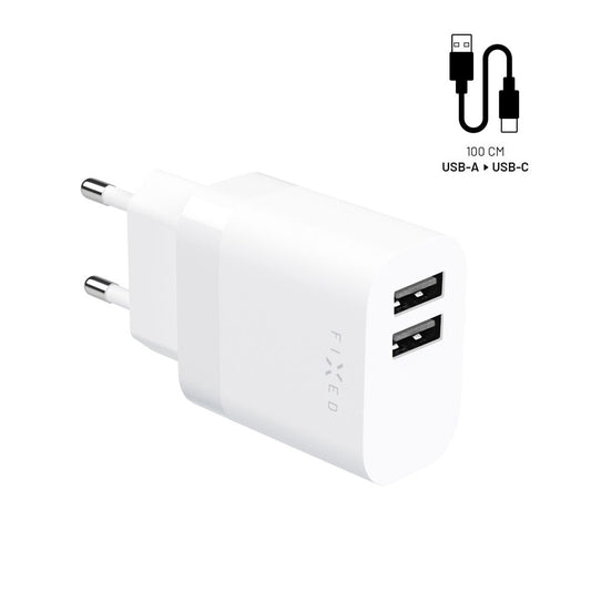 Punjač mreže s USB-C kabelom Fixed, 17W, 3A, 2 x USB-A, Bijeli