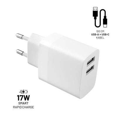 Punjač mreže s USB-C kabelom Fixed, 17W, 3A, 2 x USB-A, Bijeli