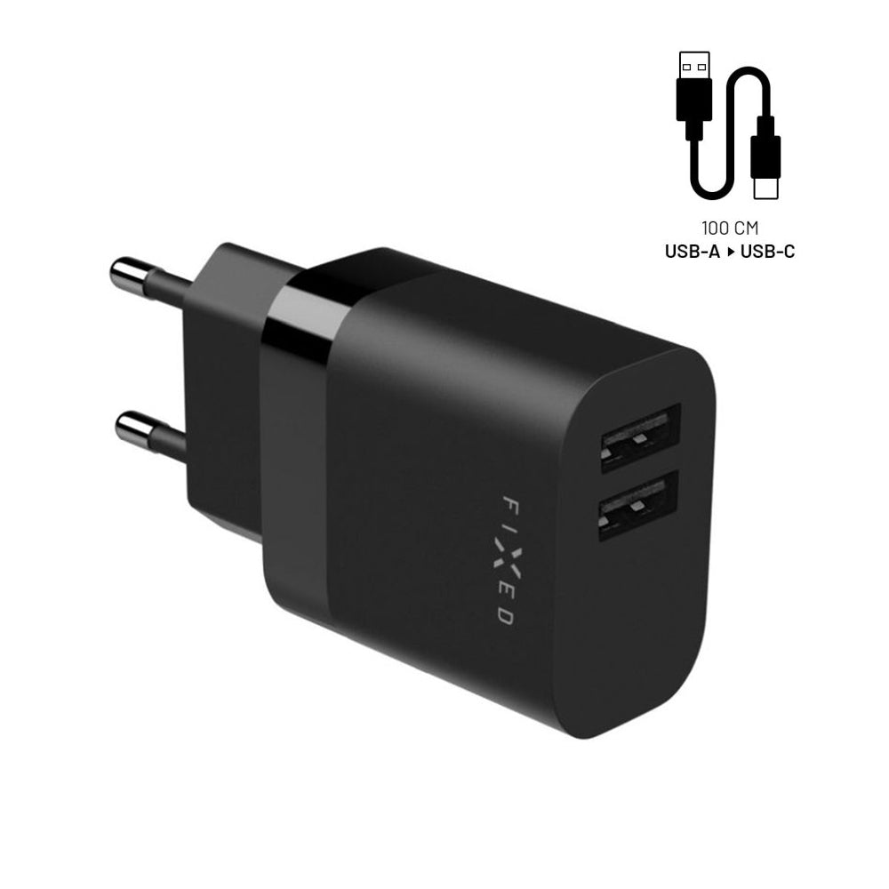 Punjač mreže s USB-C kabelom Fixed, 17W, 3A, 2 x USB-A, Crni