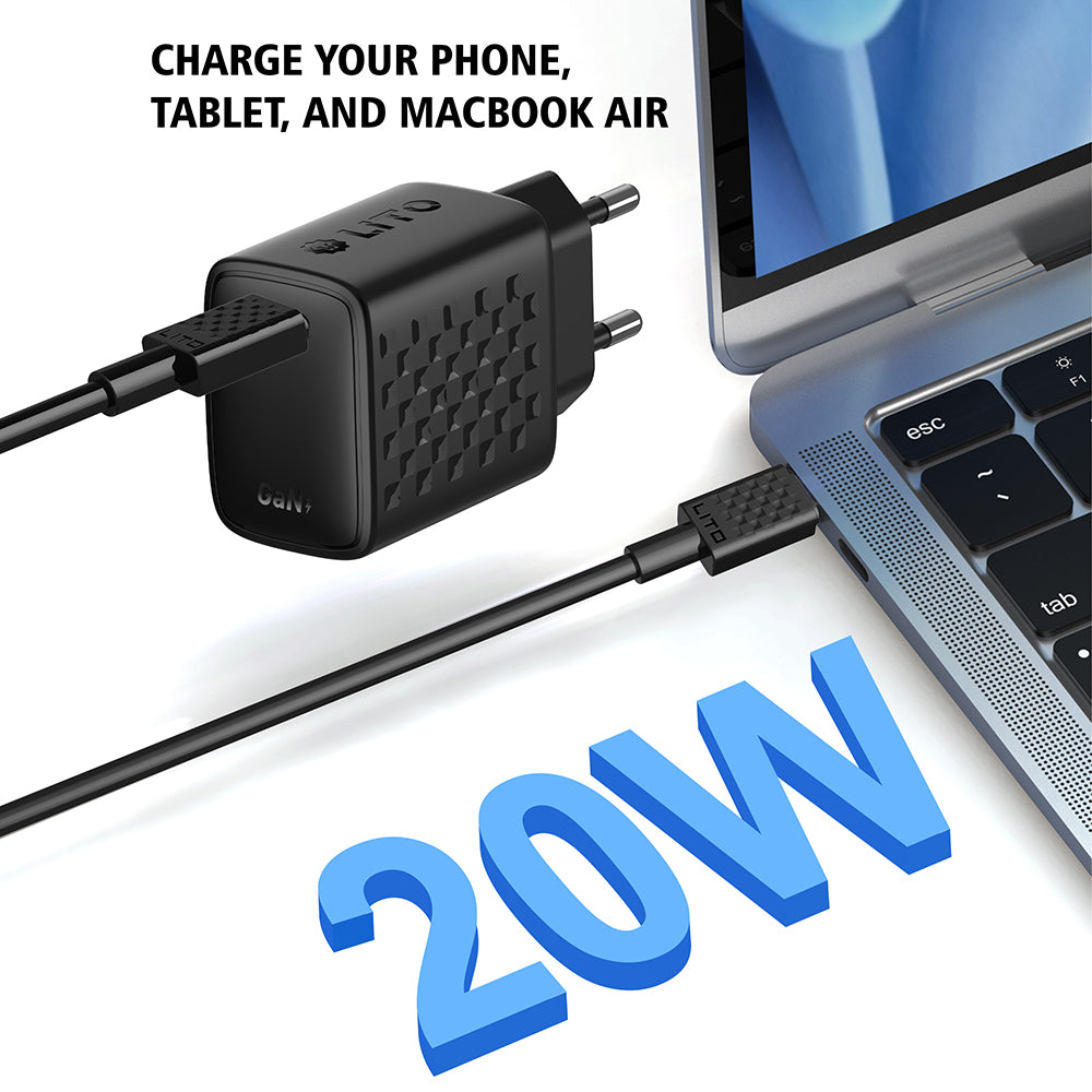 Punjač mreže s USB-C kabelom Lito LC13T, 20W, 3A, 1 x USB-C, Crni
