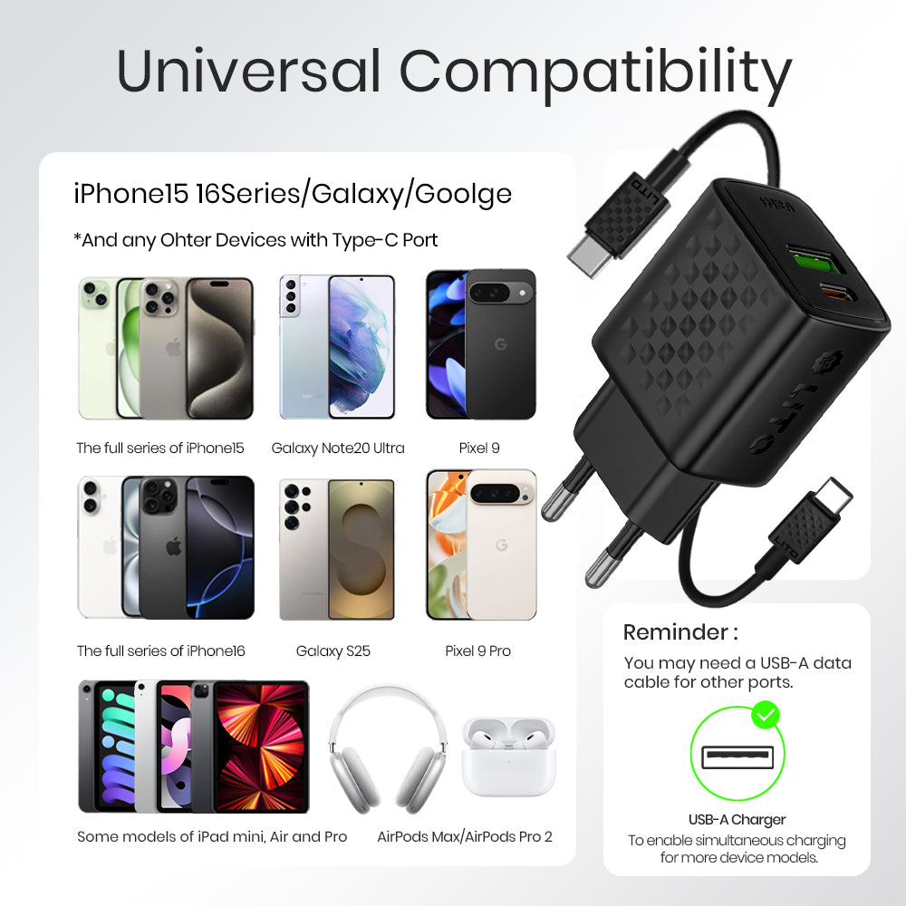 Punjač mreže s USB-C kabelom Lito LC15T, 20W, 3A, 1 x USB-A - 1 x USB-C, Crni