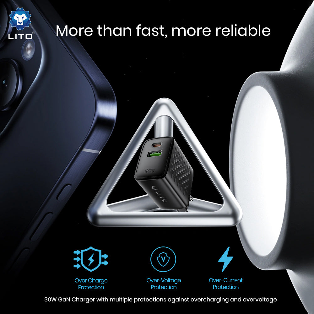 Mrežni punjač s USB-C kabelom Lito LC19T, 30W, 3A, 1 x USB-A - 1 x USB-C, Crni