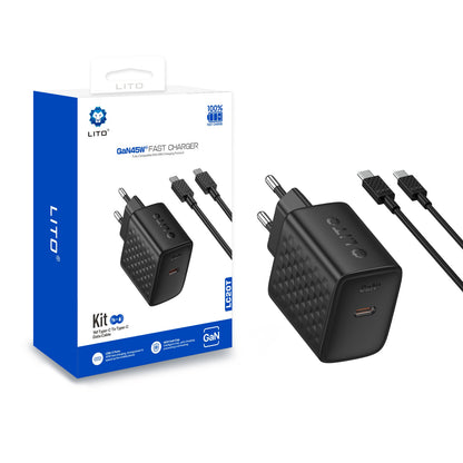 Punjač mreže s USB-C kabelom Lito LC20T, 45W, 3A, 1 x USB-C, Crni