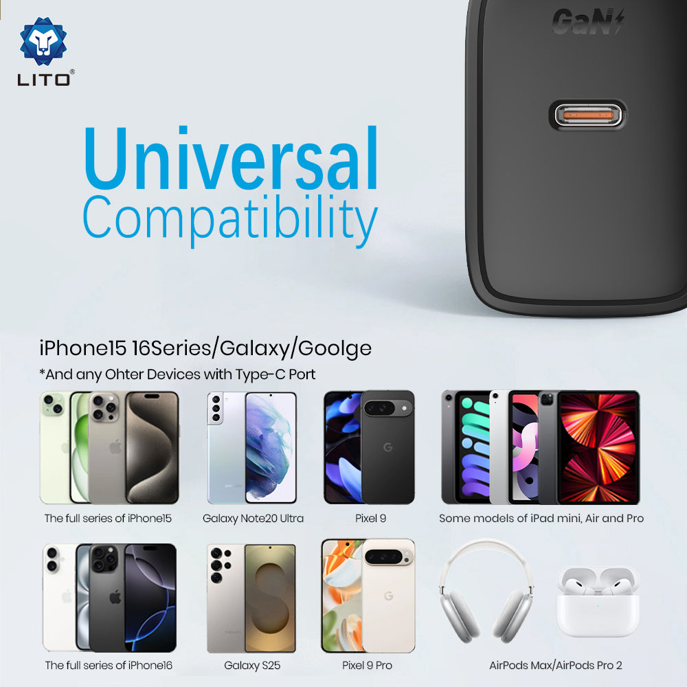 Punjač mreže s USB-C kabelom Lito LC20T, 45W, 3A, 1 x USB-C, Crni