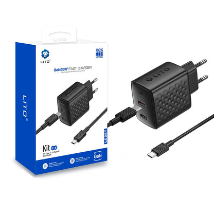 Mrežni punjač s USB-C kabelom Lito LC22T, 45W, 3A, 2 x USB-C, Crni