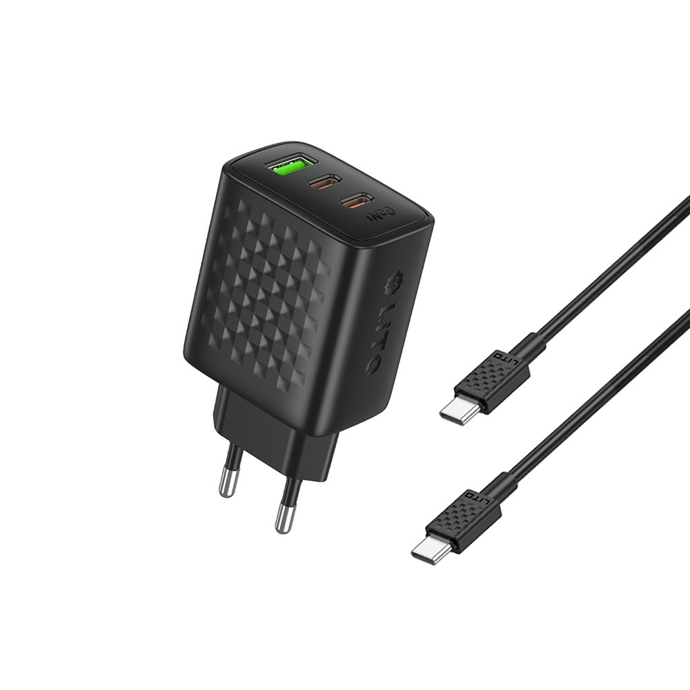 Punjač mreže s USB-C kabelom Lito LC25T, 65W, 3.25A, 1 x USB-A - 2 x USB-C, Crni