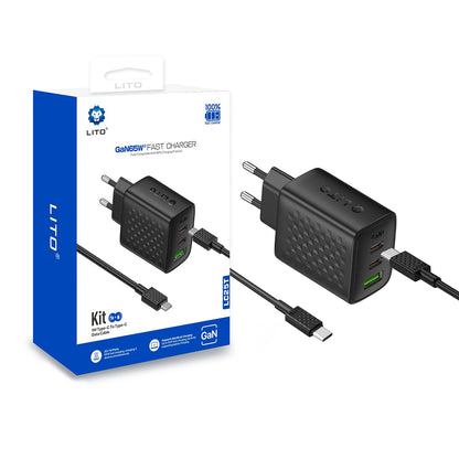 Punjač mreže s USB-C kabelom Lito LC25T, 65W, 3.25A, 1 x USB-A - 2 x USB-C, Crni