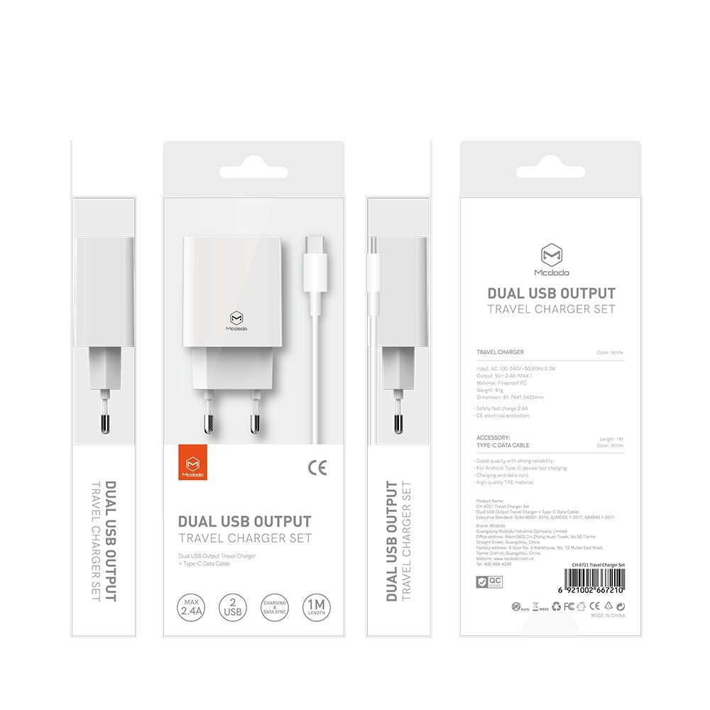 Mrežni punjač s USB-C kabelom McDodo CH-6721 ponuda, 12W, 2.4A, 2 x USB-A, bijeli