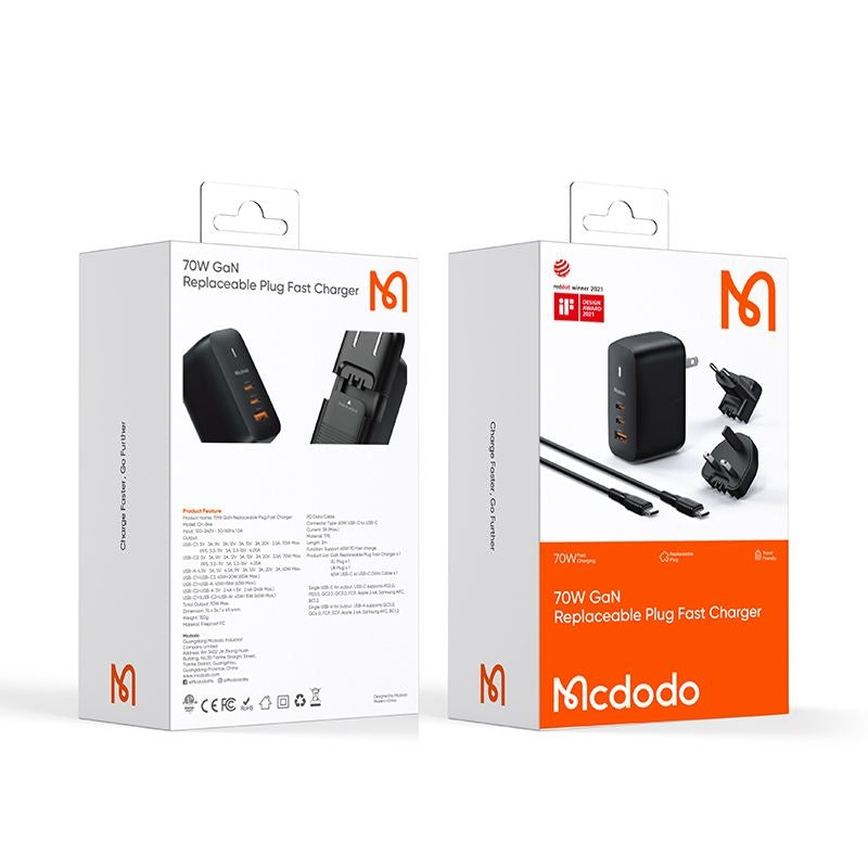 Punjač za mrežu s USB-C kabelom McDodo CH-8442 Mecha Travel, 65W, 5A, 1 x USB-A - 2 x USB-C, Crni