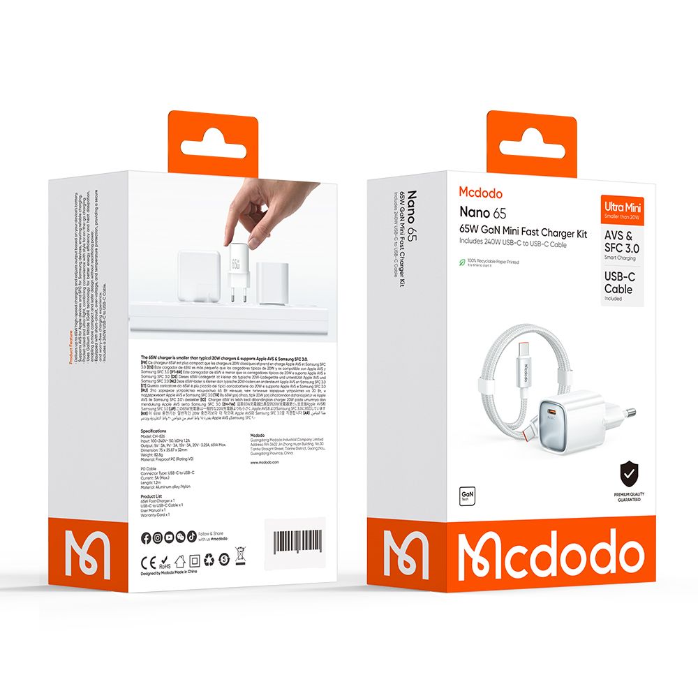 Punjač za mrežu s USB-C kabelom Mcdodo Nano CH-8263, 65W, 3.25A, 1 x USB-C, Bijela