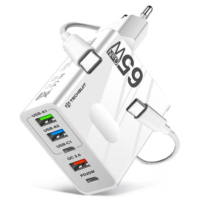 Punjač mreže s USB-C kabelom Techsuit CHC1 PentaXPower, 25W, 3A, 3 x USB-A - 2 x USB-C, Bijeli