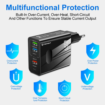 Punjač mreže s USB-C kabelom Techsuit CHC1 PentaXPower, 25W, 3A, 3 x USB-A - 2 x USB-C, Bijeli