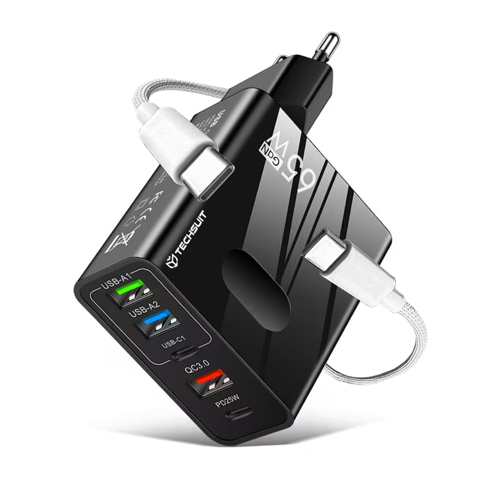 Mrežni punjač s USB-C kabelom Techsuit CHC1 PentaXPower, 25W, 3A, 3 x USB-A - 2 x USB-C, Crni