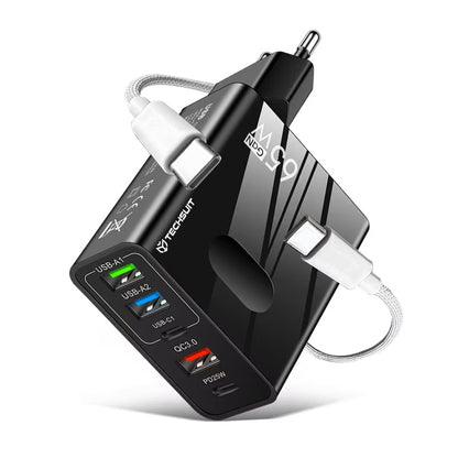 Mrežni punjač s USB-C kabelom Techsuit CHC1 PentaXPower, 25W, 3A, 3 x USB-A - 2 x USB-C, Crni