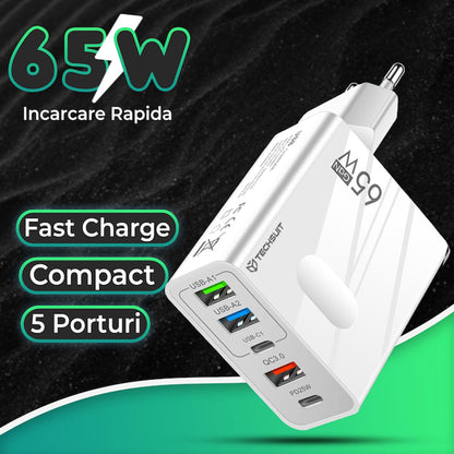 Mrežni punjač s USB-C kabelom Techsuit CHC1 PentaXPower, 25W, 3A, 3 x USB-A - 2 x USB-C, Crni
