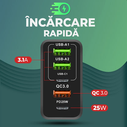 Mrežni punjač s USB-C kabelom Techsuit CHC1 PentaXPower, 25W, 3A, 3 x USB-A - 2 x USB-C, Crni