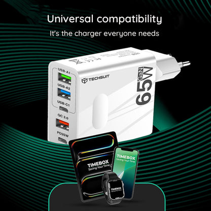 Mrežni punjač s USB-C kabelom Techsuit CHC1 PentaXPower, 25W, 3A, 3 x USB-A - 2 x USB-C, Crni