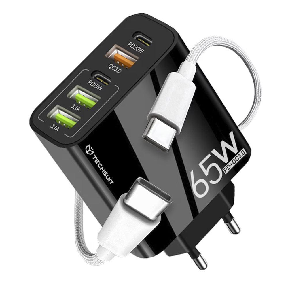 Mrežni punjač s USB-C kabelom Techsuit CHC2 PentaXPower, 20W, 3A, 3 x USB-A - 2 x USB-C, Crni