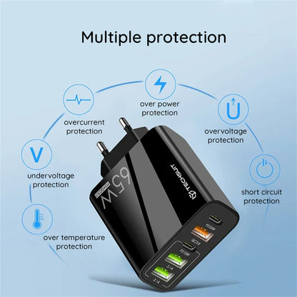 Mrežni punjač s USB-C kabelom Techsuit CHC2 PentaXPower, 20W, 3A, 3 x USB-A - 2 x USB-C, Crni