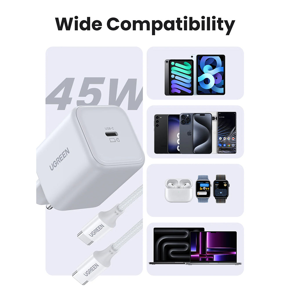 Mrežni punjač s USB-C kabelom UGREEN X524 (65055), 45W, 3A, 1 x USB-C, Bijela