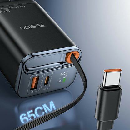 Mrežni punjač s USB-C kabelom Yesido YC100 Display, 67W, 3.35A, 1 x USB-A - 1 x USB-C, Crni