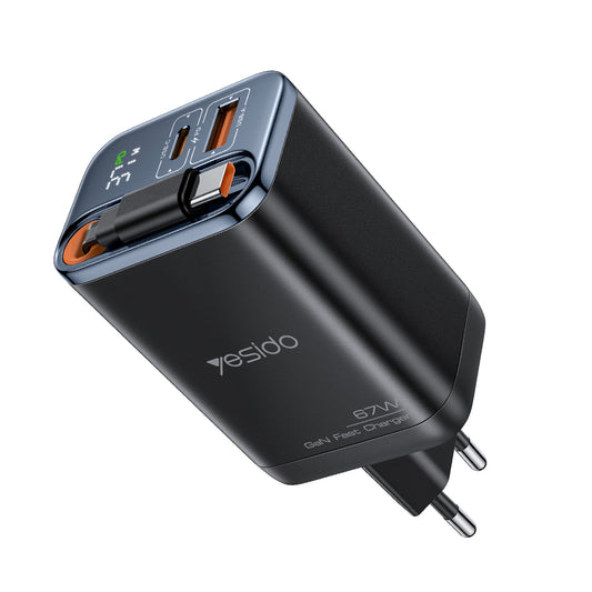 Mrežni punjač s USB-C kabelom Yesido YC100 Display, 67W, 3.35A, 1 x USB-A - 1 x USB-C, Crni
