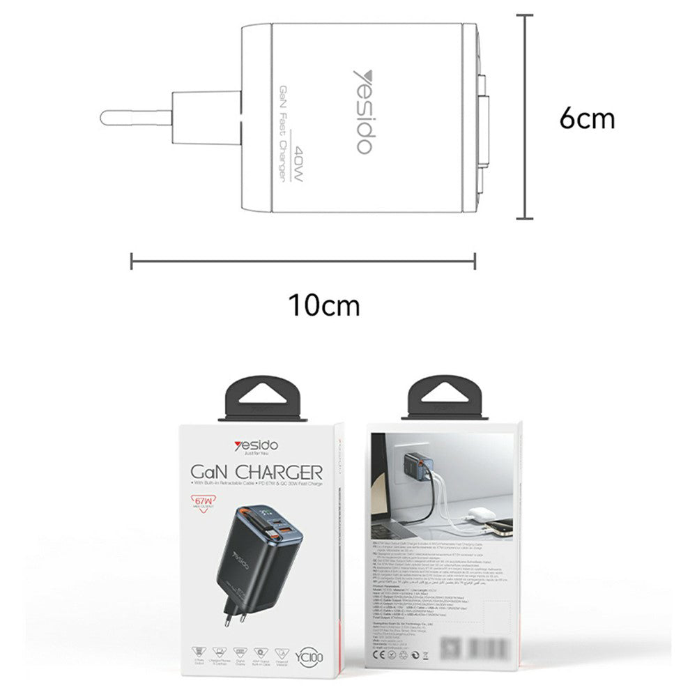 Mrežni punjač s USB-C kabelom Yesido YC100 Display, 67W, 3.35A, 1 x USB-A - 1 x USB-C, Crni