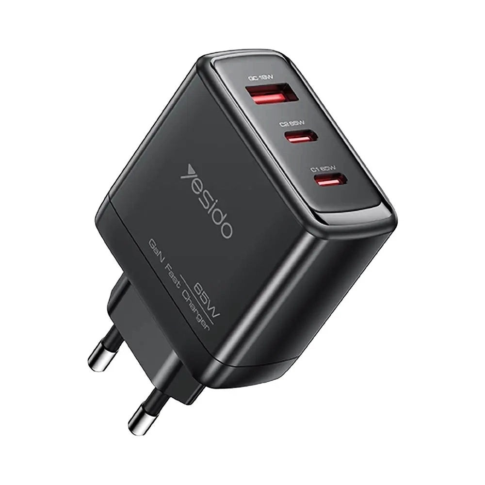 Punjač mreže s USB-C kabelom Yesido YC144C, 65W, 3.25A, 1 x USB-A - 2 x USB-C, Crni