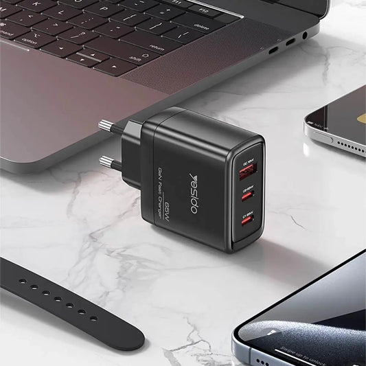 Punjač mreže s USB-C kabelom Yesido YC144C, 65W, 3.25A, 1 x USB-A - 2 x USB-C, Crni