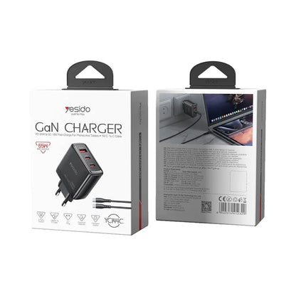Punjač mreže s USB-C kabelom Yesido YC144C, 65W, 3.25A, 1 x USB-A - 2 x USB-C, Crni