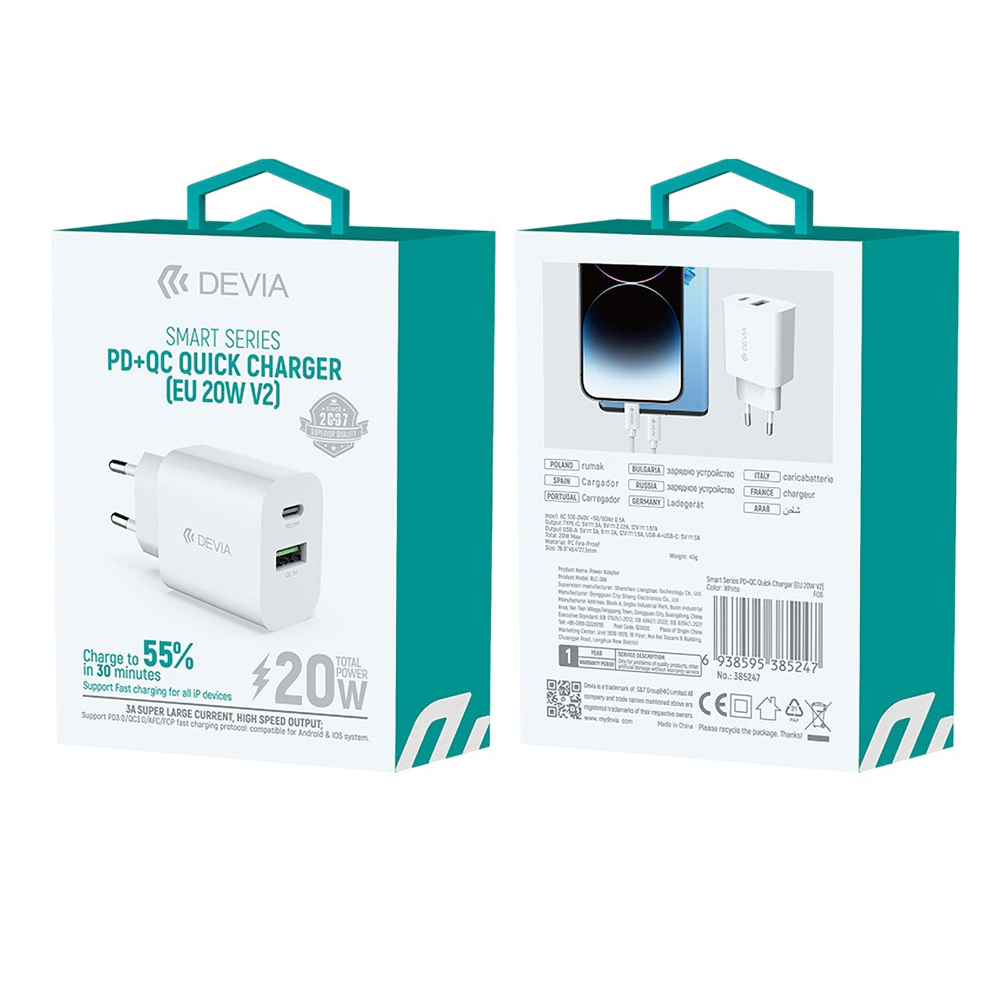 Mrežni punjač DEVIA RLC-389, 20W, 3A, 1 x USB-A - 1 x USB-C, Bijeli