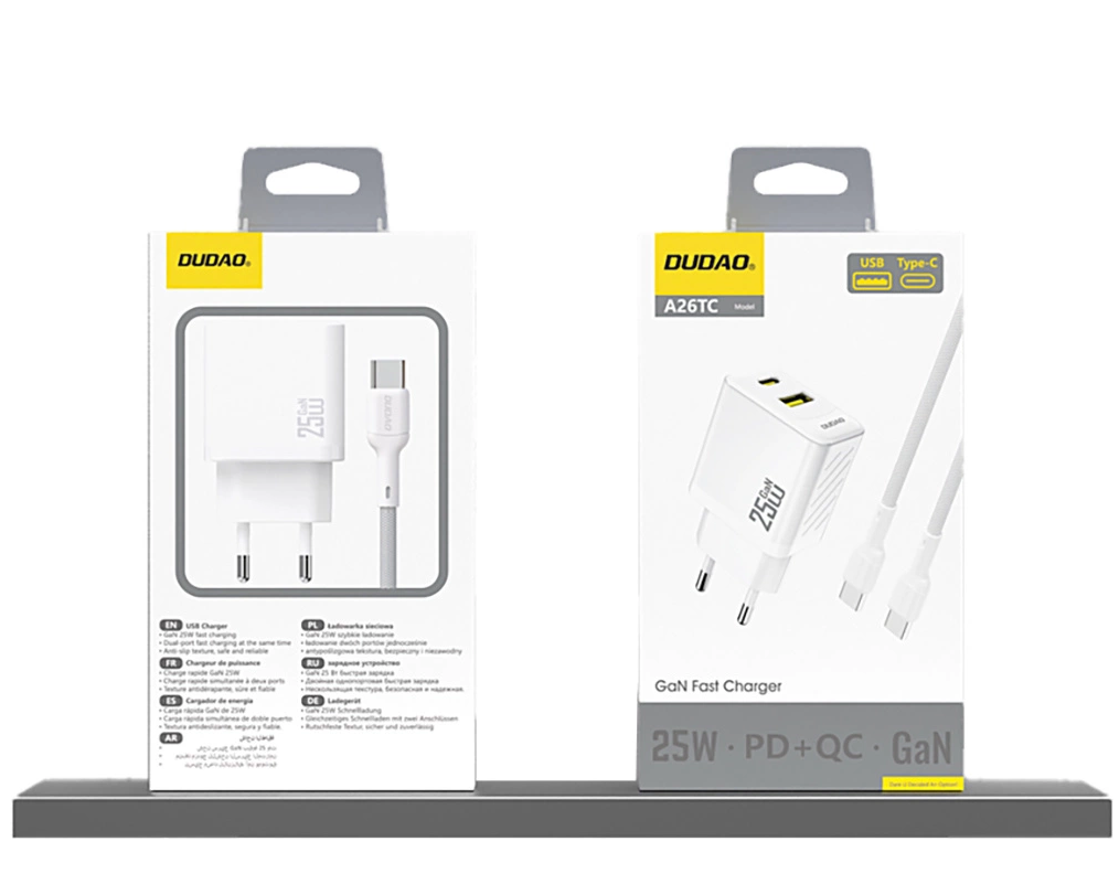 Punjač mreže Dudao A26T, 25W, 3A, 1 x USB-A - 1 x USB-C, Bijeli
