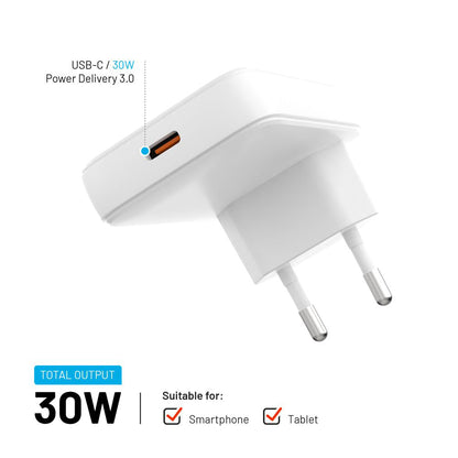 Punjač mreže Fixed, 30W, 3A, 1 x USB-C, Bijeli