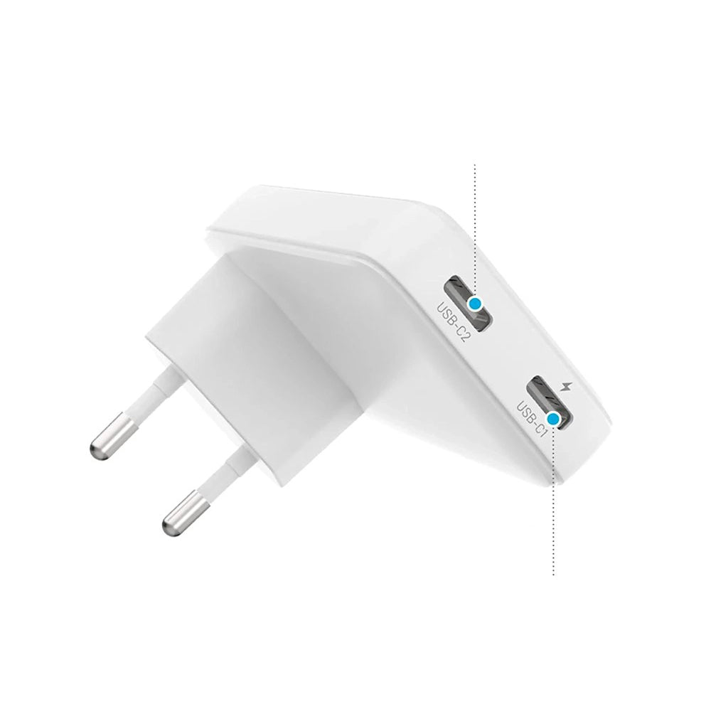 Punjač mreže Fixed Slim, 45W, 3A, 2 x USB-C, Bijeli