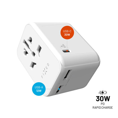 Punjač mreže Fixed Travel, 30W, 3A, 2 x USB-A - 1 x USB-C, Bijeli