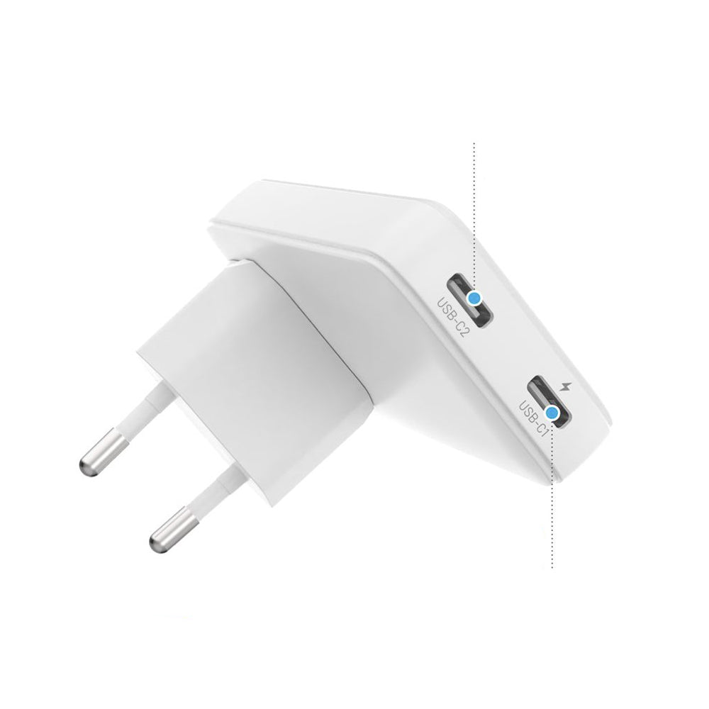 Punjač mreže Fixed Travel, 45W, 3A, 2 x USB-C, Bijeli