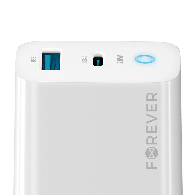 Punjač za mrežu Forever TC-06-20AC, 20W, 3A, 1 x USB-A - 1 x USB-C, Bijeli