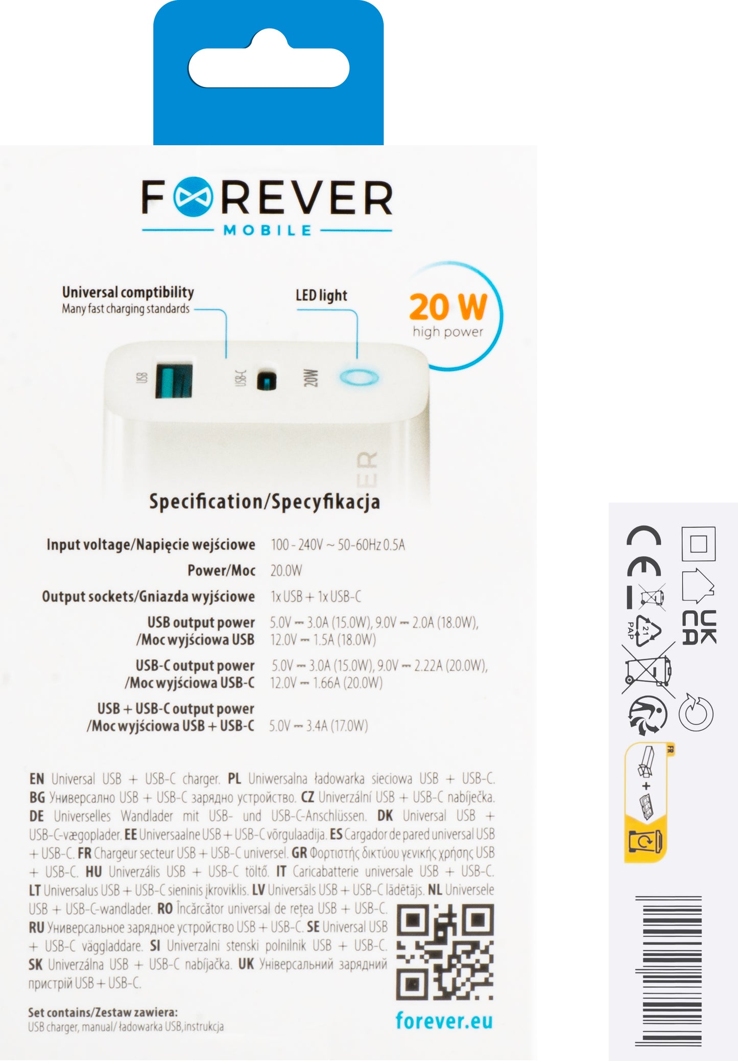Punjač za mrežu Forever TC-06-20AC, 20W, 3A, 1 x USB-A - 1 x USB-C, Bijeli